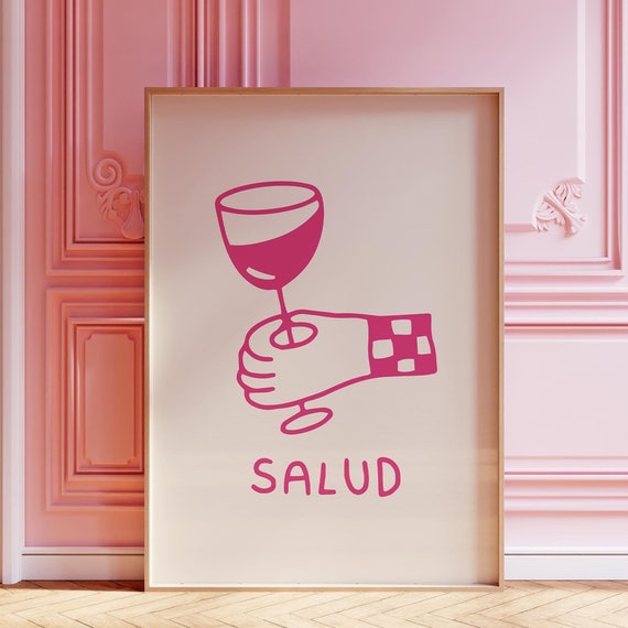 Bar Cart Print Salud Poster Trendy Kitchen Wall Art Retro Bar Cart Decor Trendy Kitchen Poster Vintage Drinks Poster Wall Art Pink