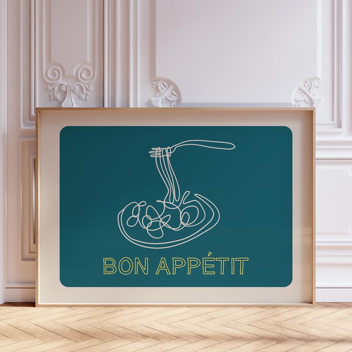 Bon Appetit Teal Spaghetti Line Art French Kitchen Dinner Poster - Image 5