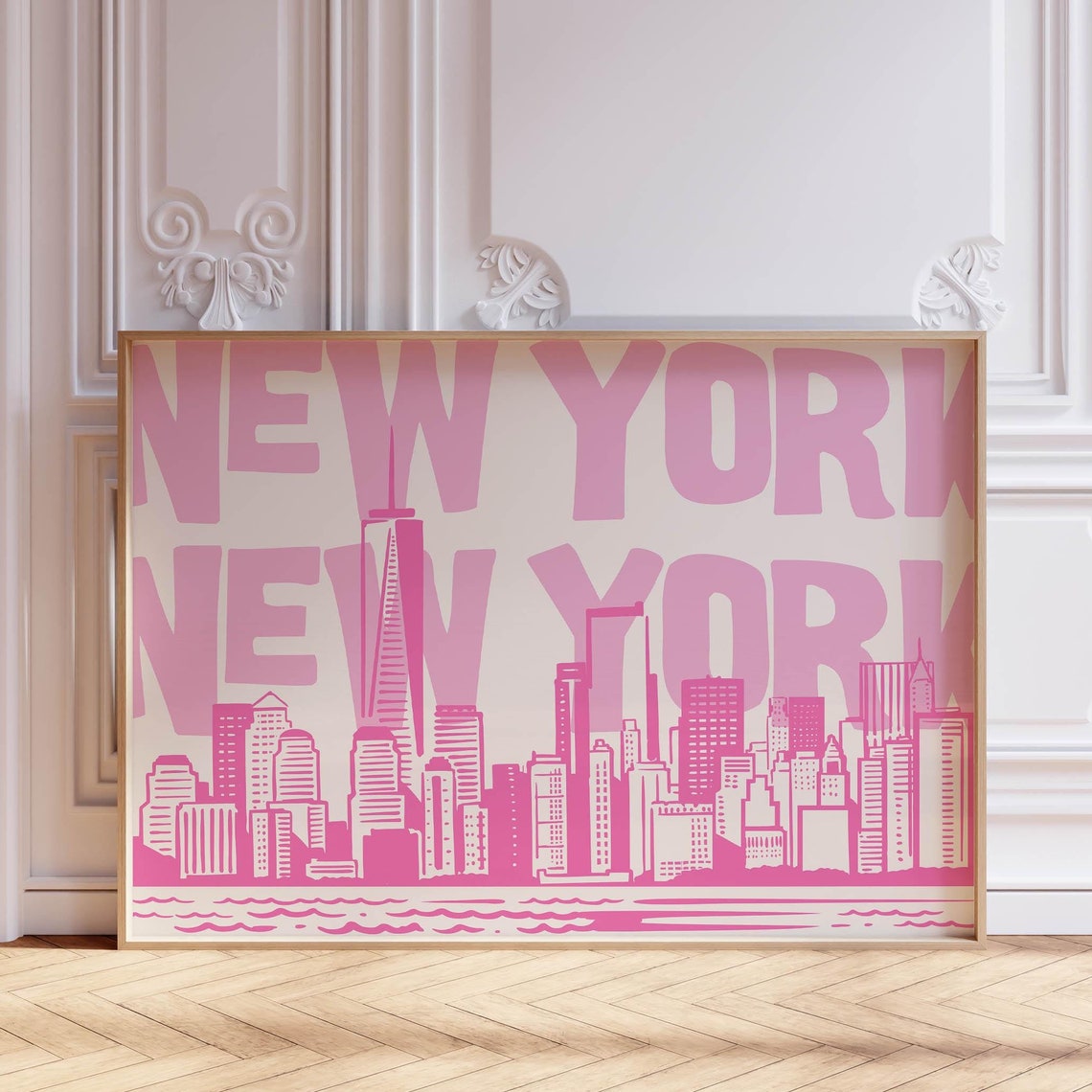 New York Pink Manhattan Skyline Bold Retro Typography City Poster