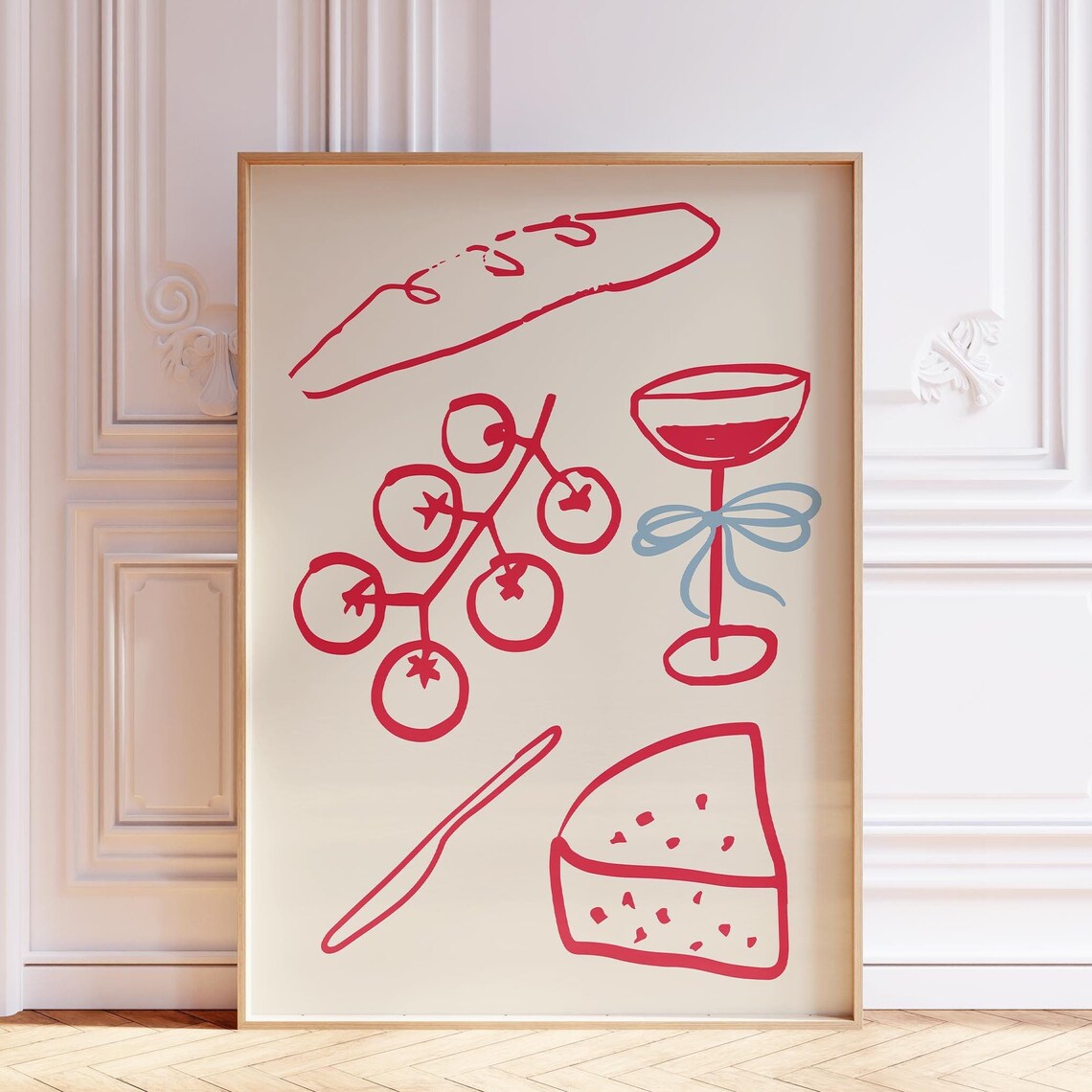 Dinner Party Food Illustration Poster Red Line Art Baguette Wine Cheese