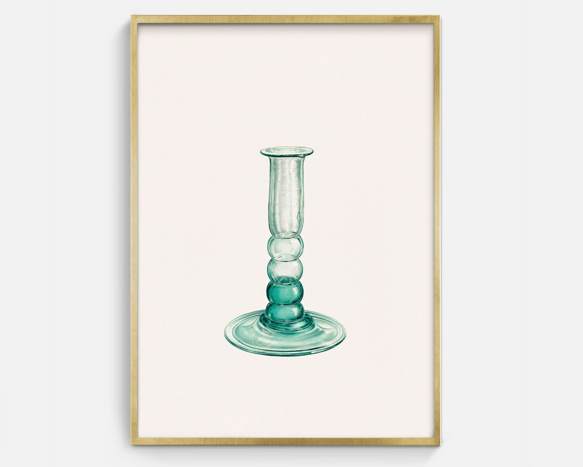 Green Glass Bubble Stem Candlestick Antique Watercolor Drawing Poster