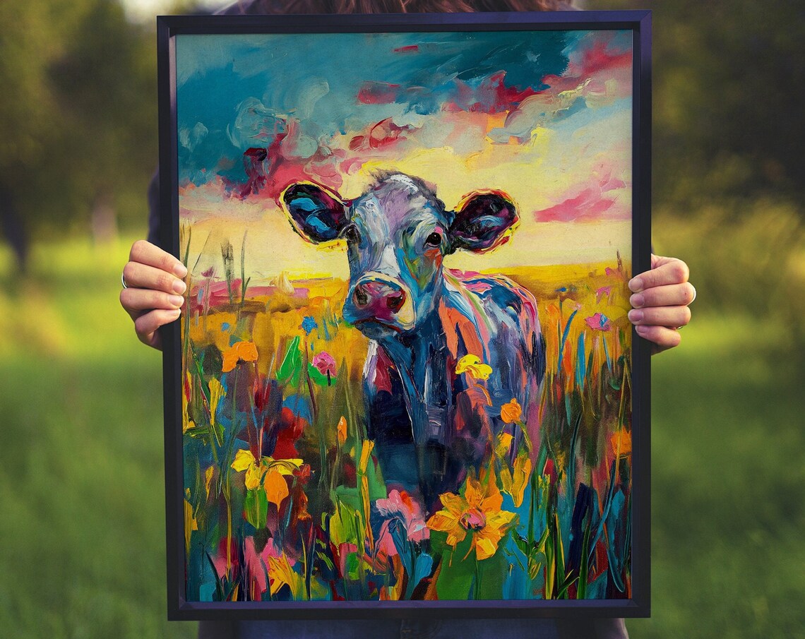 Colorful Cow in Wildflower Meadow Sunset Impressionist Poster - Image 6