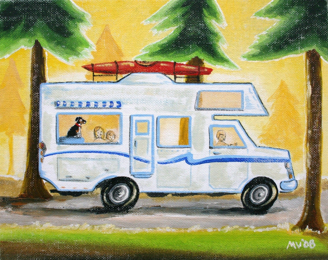 Family RV Camper Road Trip With Dog And Kayak Forest Art Poster