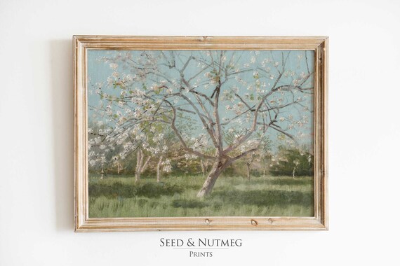 Blooming Orchard Trees in Spring Meadow Vintage Watercolor Poster