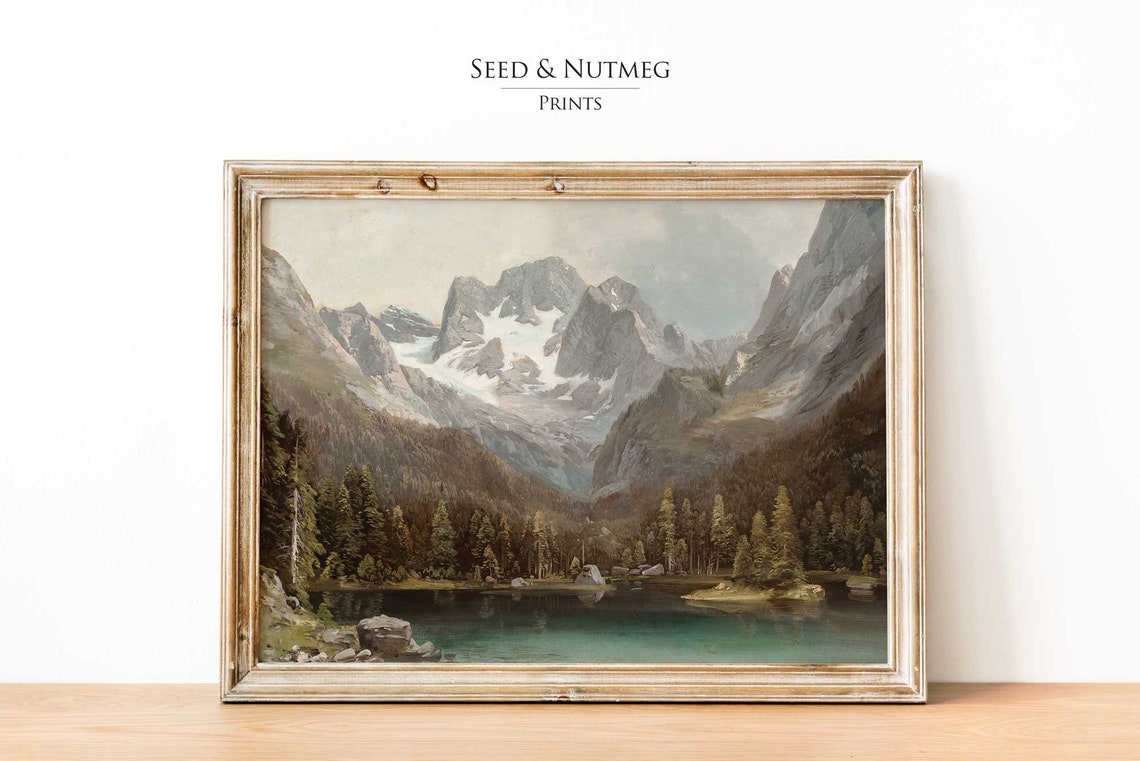 Alpine Lake Snowy Mountain Peaks Vintage Evergreen Landscape Poster