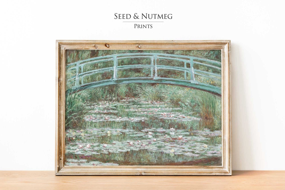 Springtime Waterlilies Pond And Bridge Monet Vintage Landscape Muted Neutral Wall Decor Wall Art 240