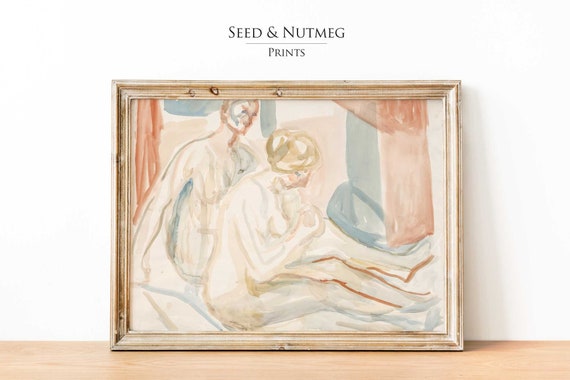 Nude Wall Art Lovers Embrace Bed Muted Neutral Wall Art Vintage Minimalist Painting Wall Art Prints 187