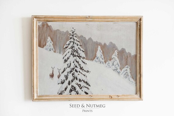 Snowy Pines With Two Deer In Winter Scene Vintage Painting Poster