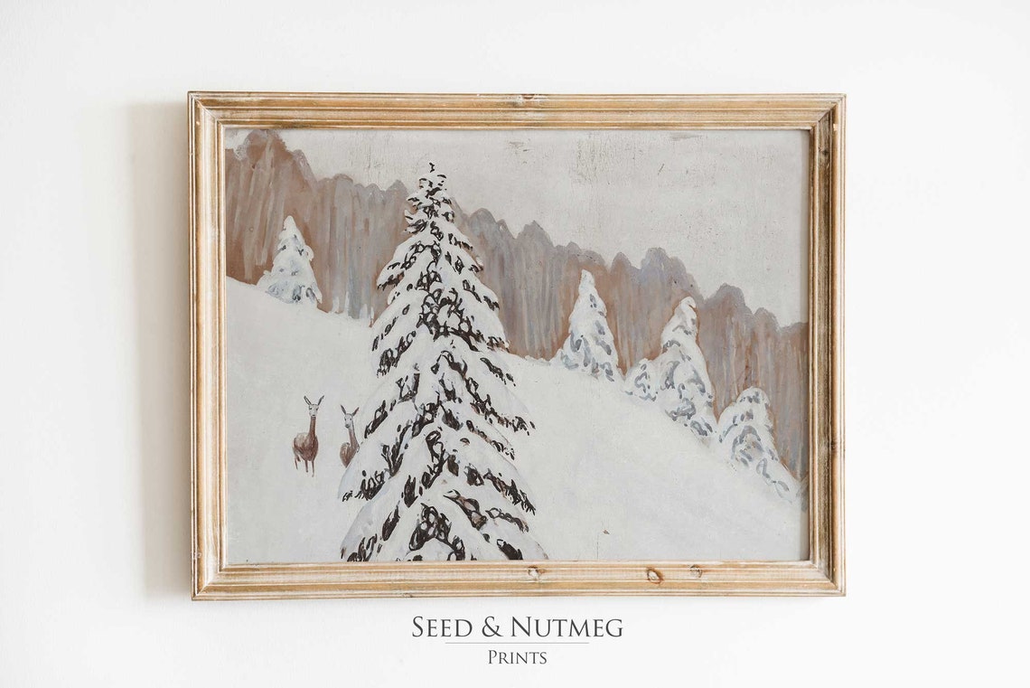 Snowy Pines With Two Deer In Winter Scene Vintage Painting Poster