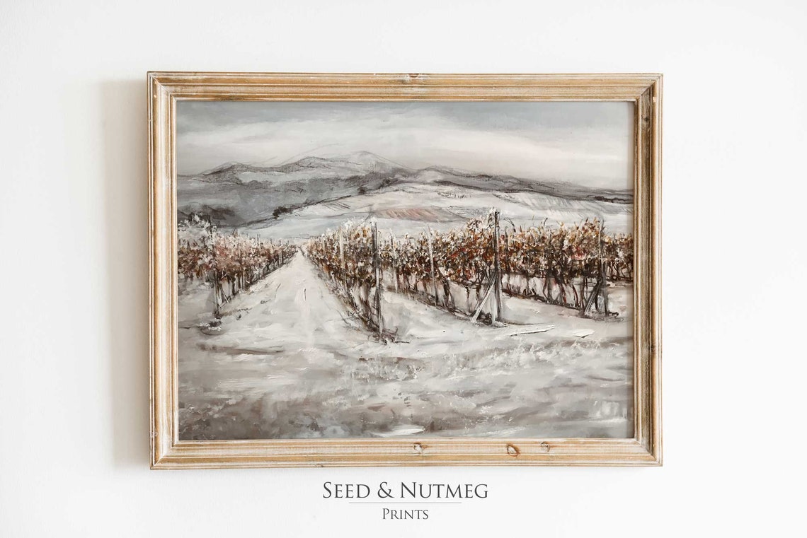 Snowy Winter Vineyard Rows Vintage Landscape Painting Poster