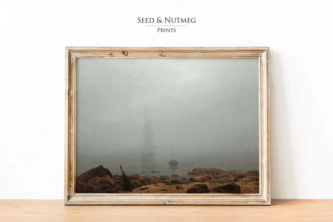 Mist Over Rocky Bay Boats Vintage Romantic Seascape Art Print