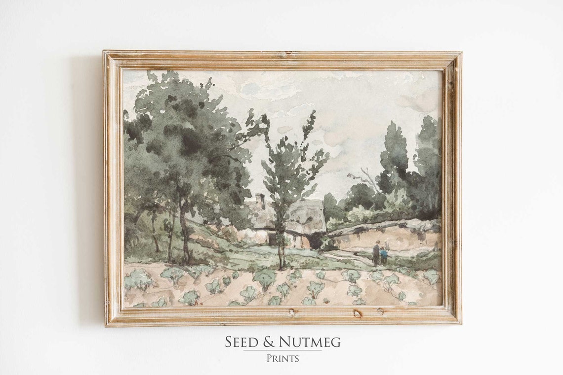 Farmhouse Behind Tall Trees with a Tilled Field Watercolor Poster