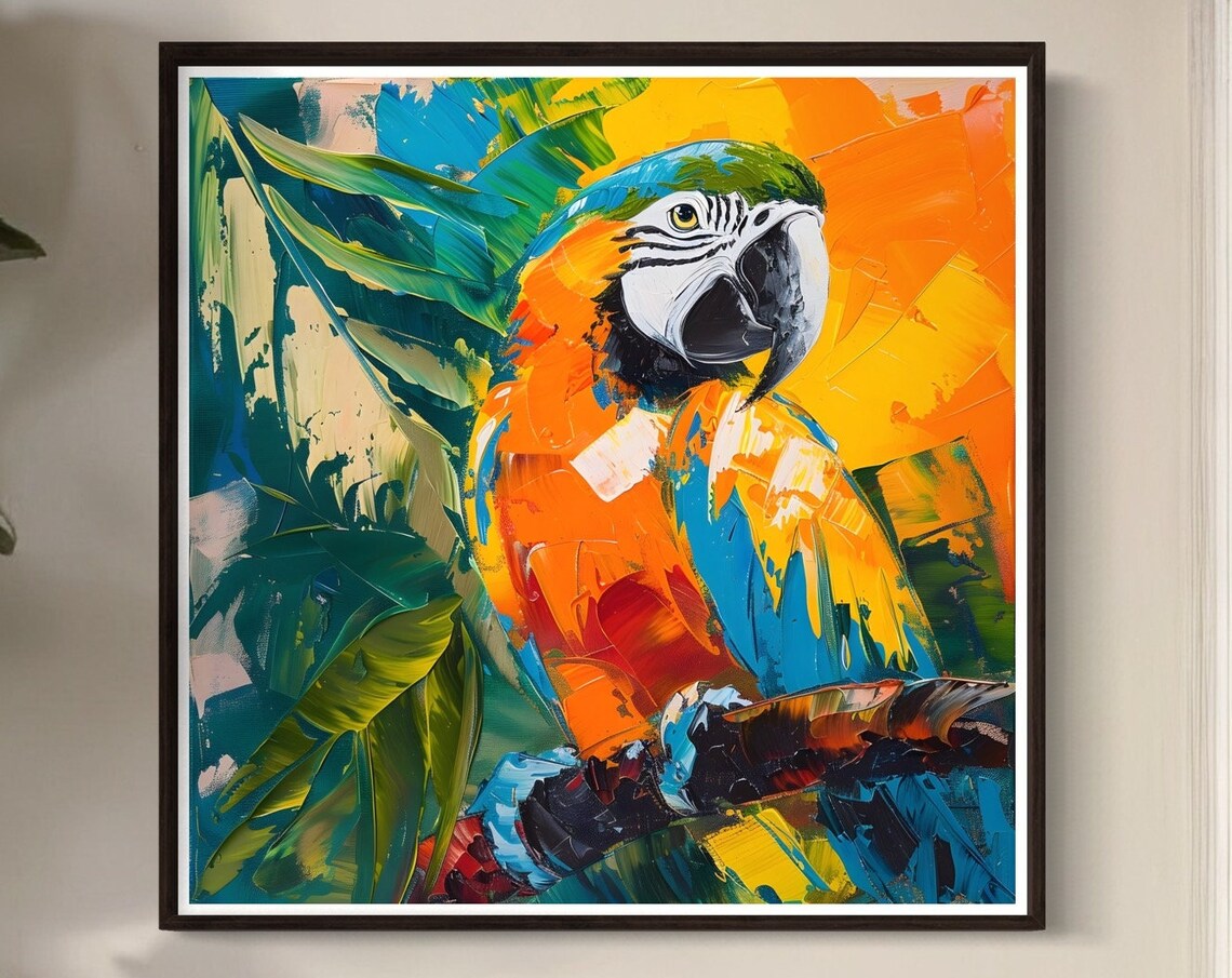 Blue Gold Macaw Impasto Acrylic Bold Tropical Bird Painting Poster