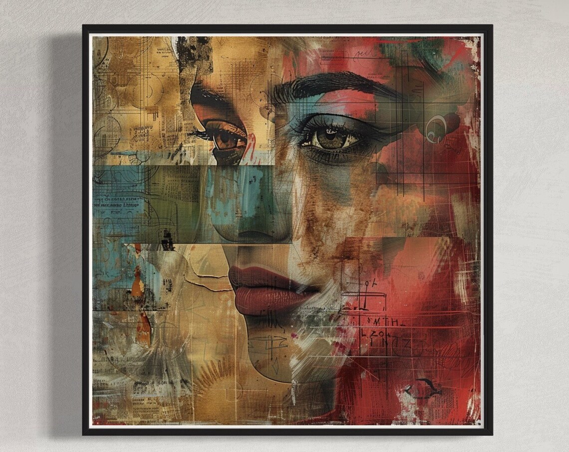 Abstract Woman Face Collage Red Teal Gold Mixed Media Portrait Print
