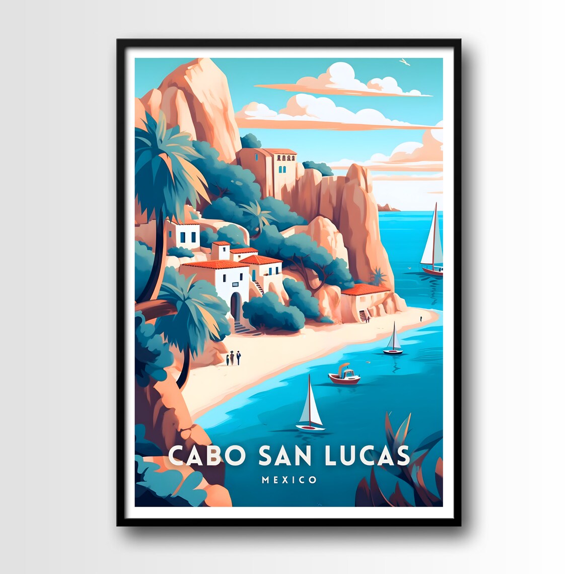 Cabo San Lucas Mexico Sailboats Rocky Cove Beach Travel Poster