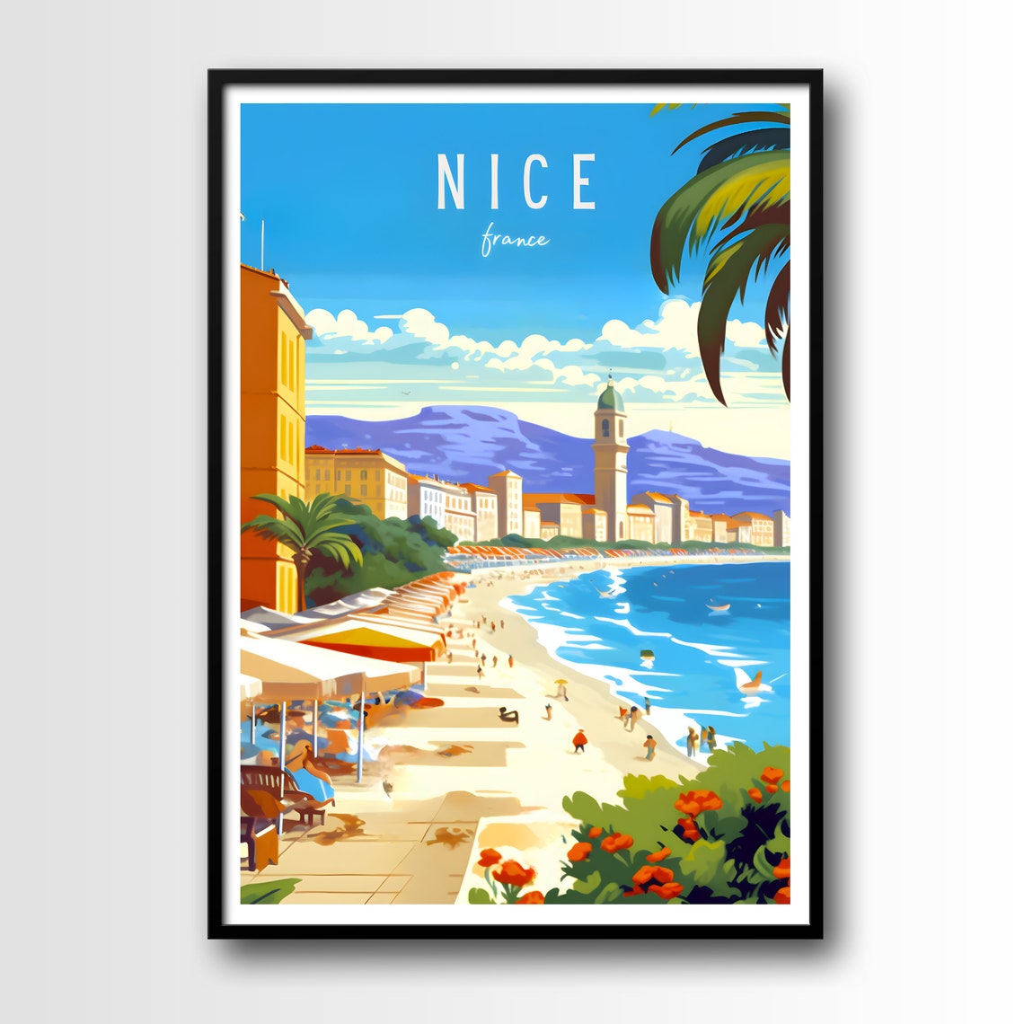 Nice France Riviera Beach Promenade Palm Trees Travel Poster
