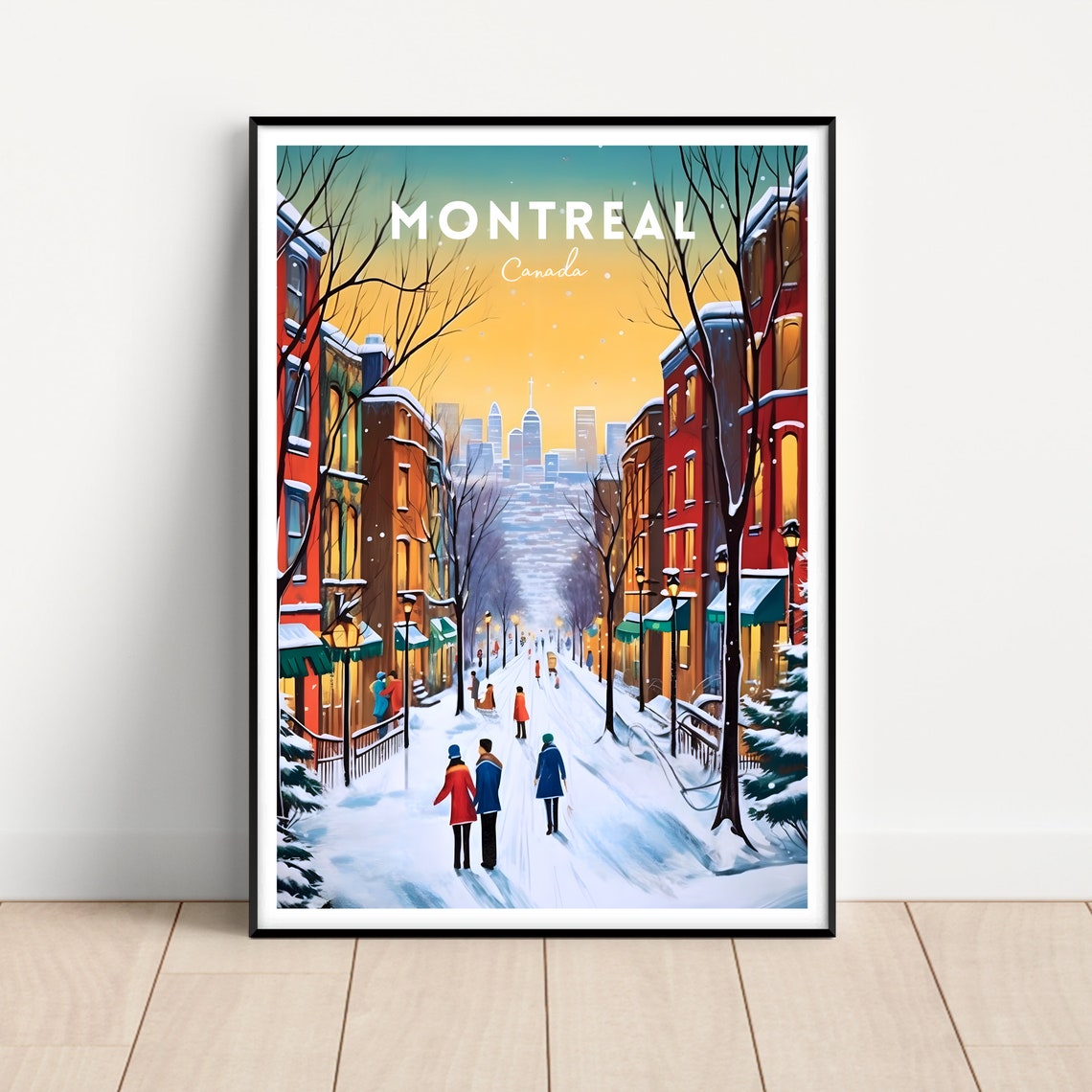 Montreal Canada Snowy Winter Street Lamp Retro Travel Poster