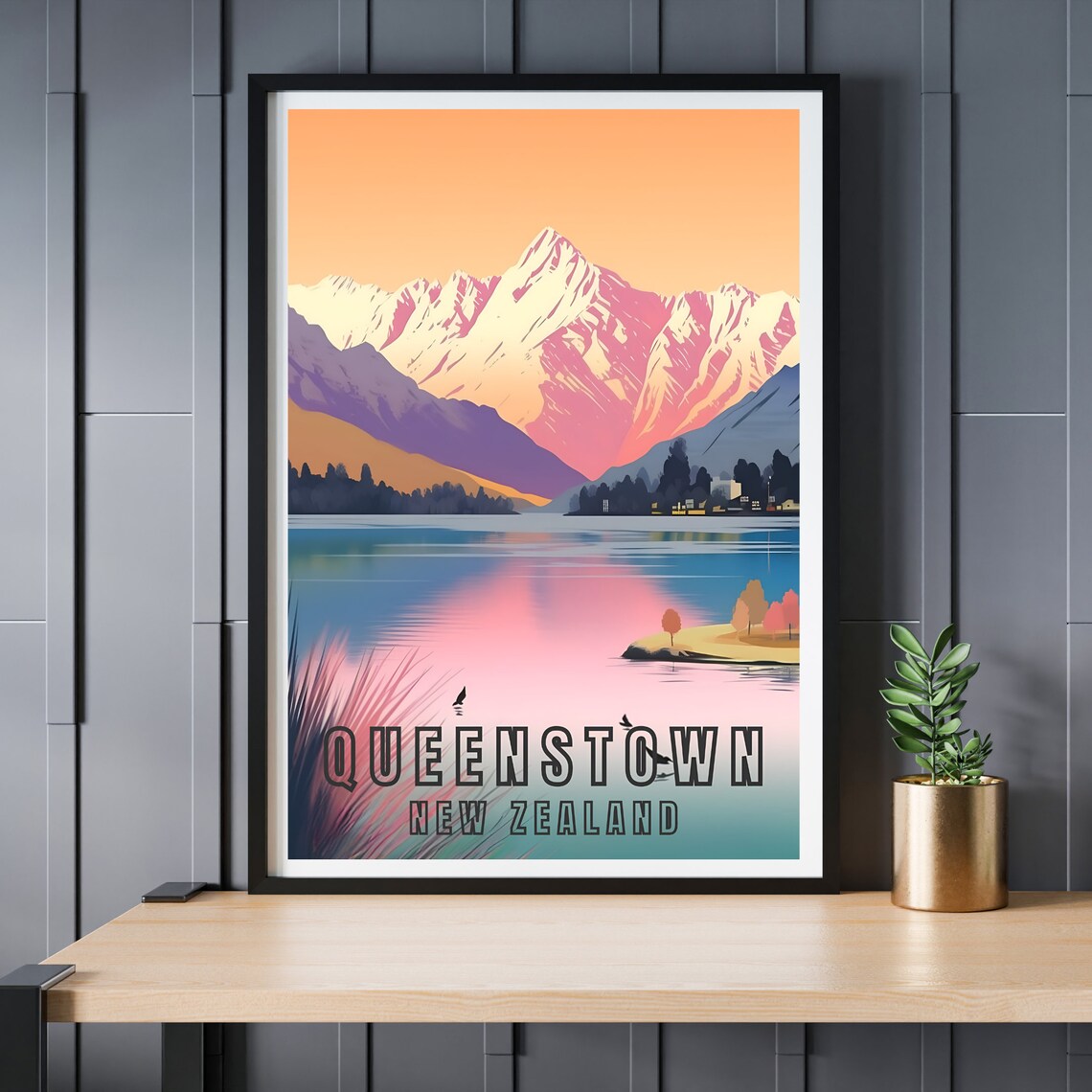 Queenstown New Zealand Snowy Mountain Sunset Lake Mirror Travel Poster - Image 2