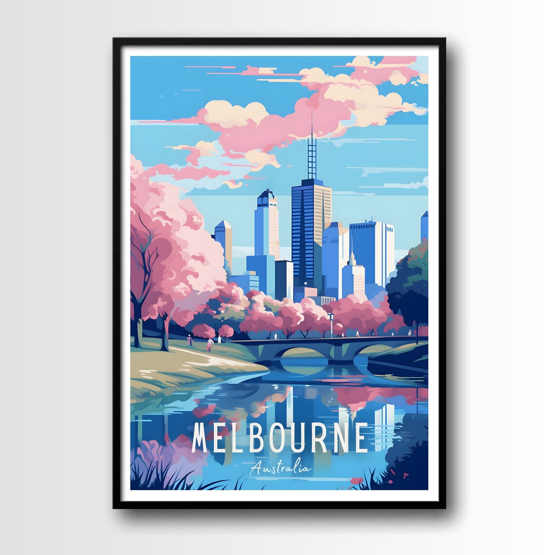 Melbourne Australia City Skyline Cherry Blossom River Travel Poster