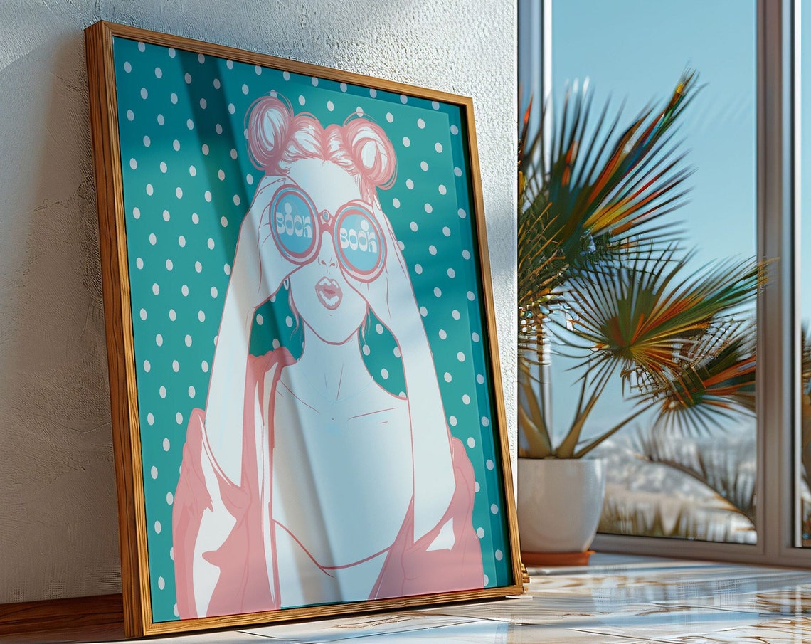 Book Lover Pink Binoculars Polka Dot Retro Reading Art Poster