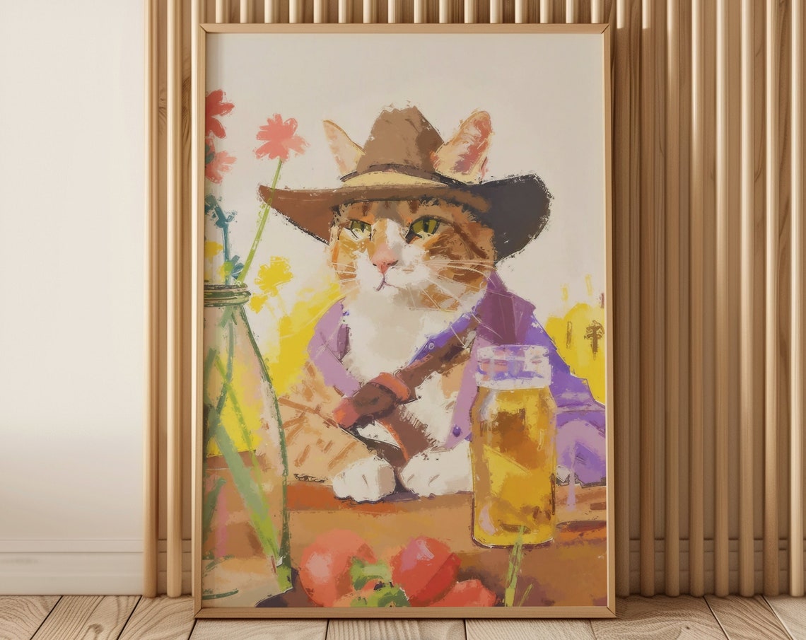 Funny Cowboy Cat In Hat With Beer Mug Western Saloon Cat Poster