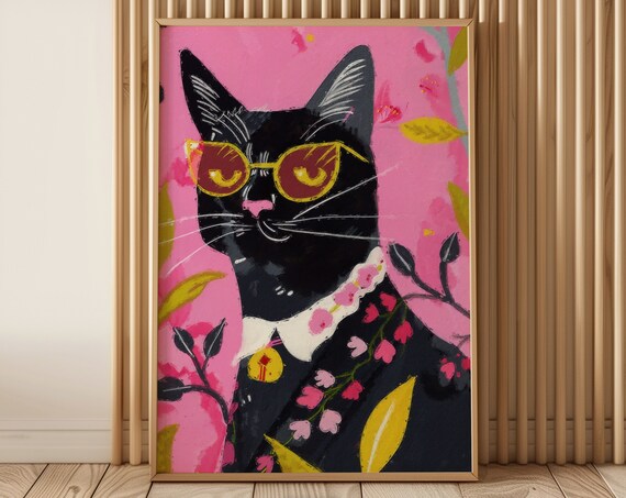 Cool Black Cat Wearing Yellow Sunglasses And Flower Lei Art Poster