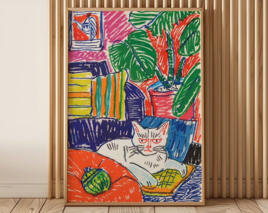 White Cat Lounging With Yarn Ball On Colorful Couch Cozy Cat Poster