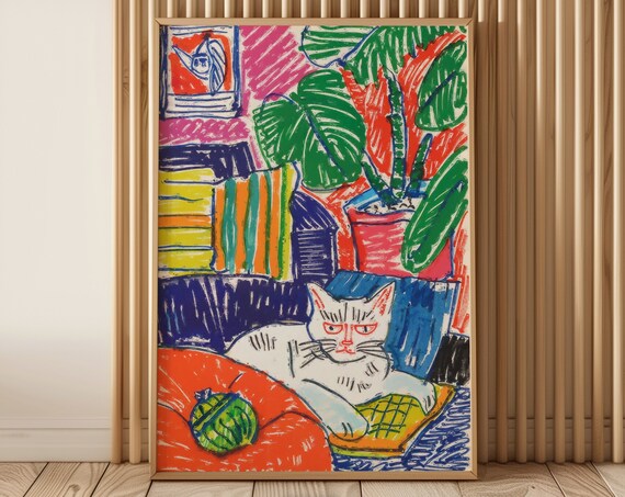 White Cat Lounging With Yarn Ball On Colorful Couch Cozy Cat Poster