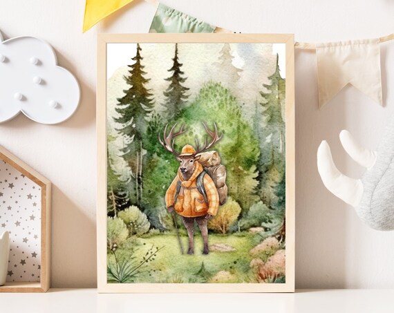 Deer Hiker with Backpack and Trekking Poles Forest Nursery Poster