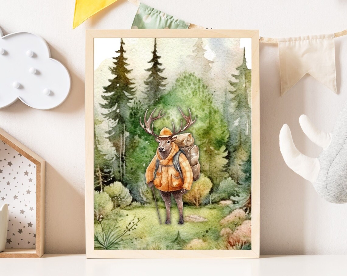 Deer Hiker with Backpack and Trekking Poles Forest Nursery Poster