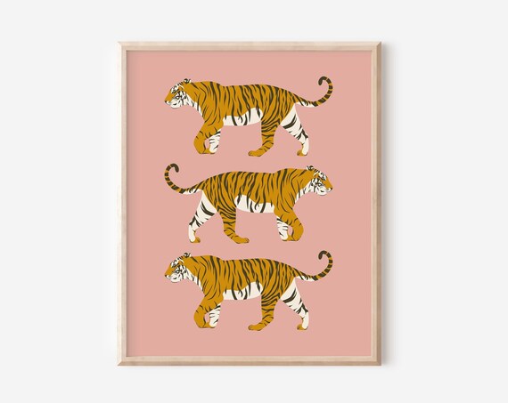 Three Tigers Walking Pink Background Playful Animal Wall Decor Poster