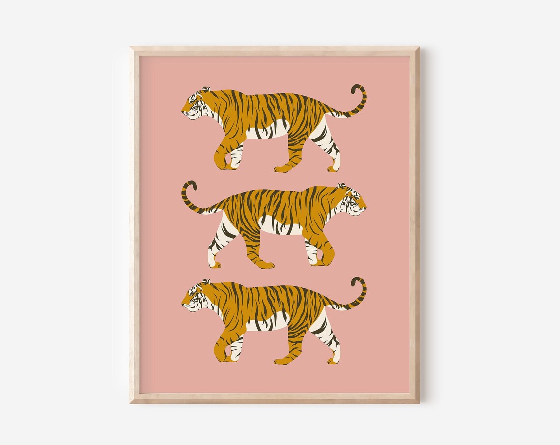 Three Tigers Walking Pink Background Playful Animal Wall Decor Poster