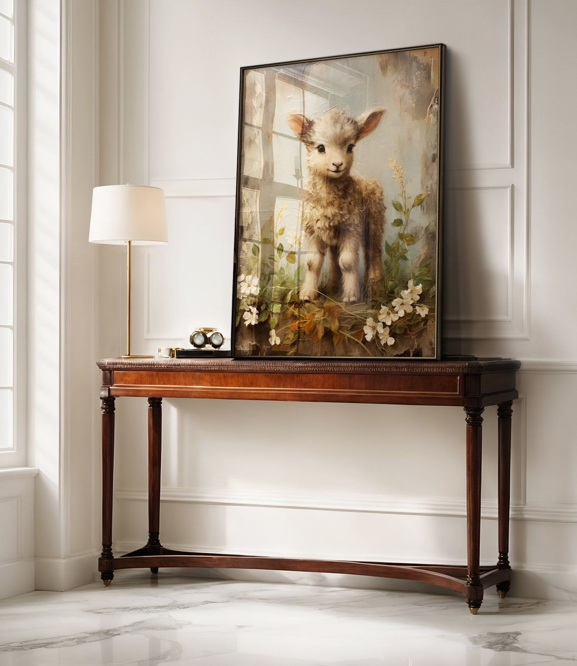 Baby Lamb Standing Among White Flowers Vintage Easter Nursery Print - Image 3