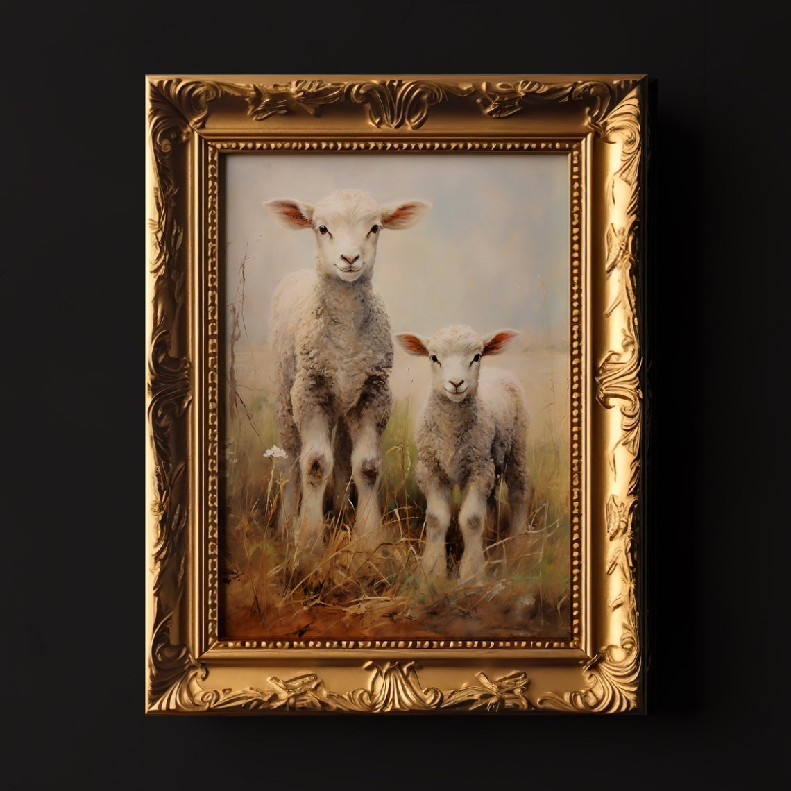 Two Lambs Standing In Golden Field Vintage Easter Animal Pair Print