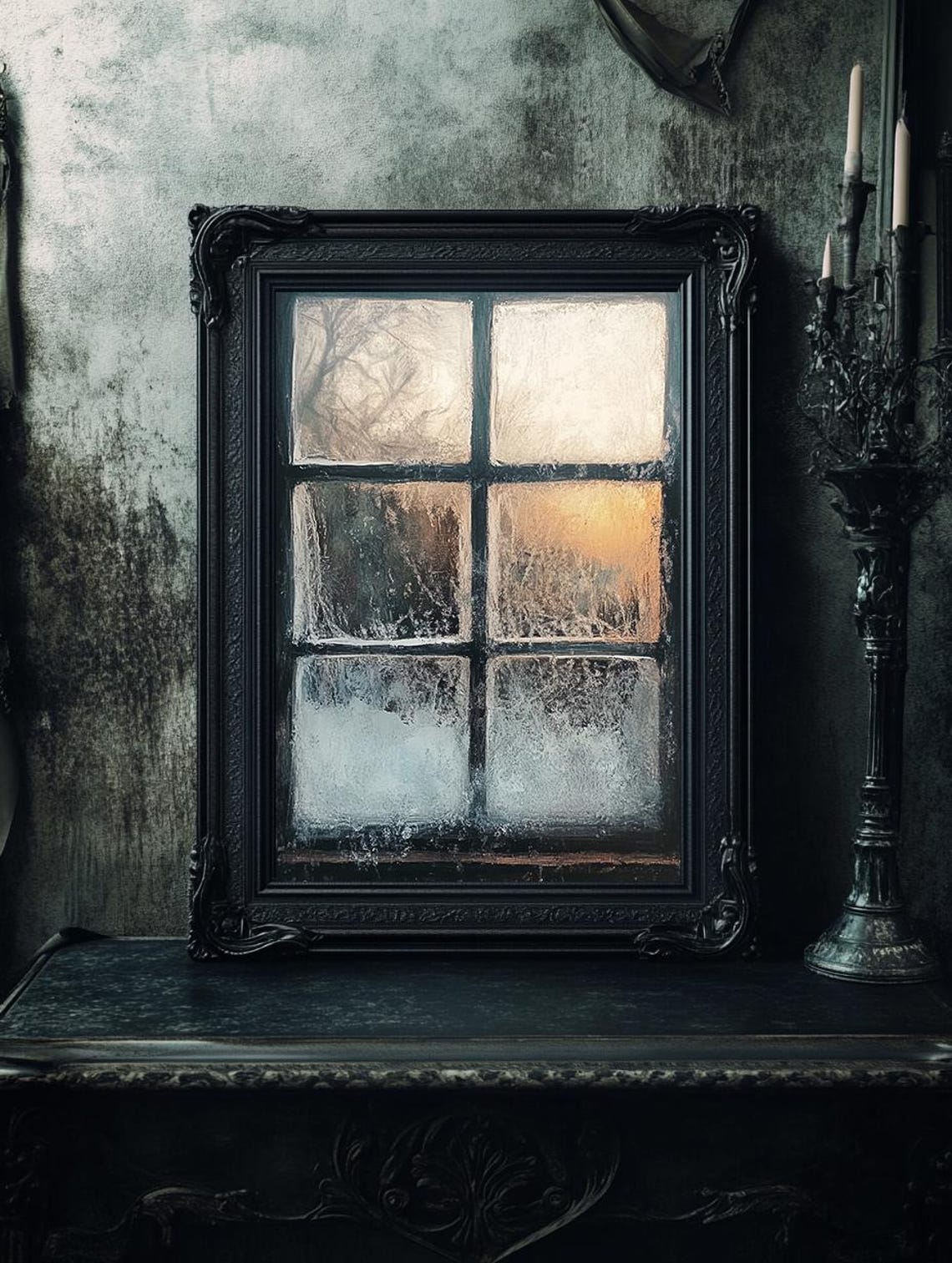 Frosty Winter Window Panes At Golden Sunset Cozy Seasonal Poster - Image 3