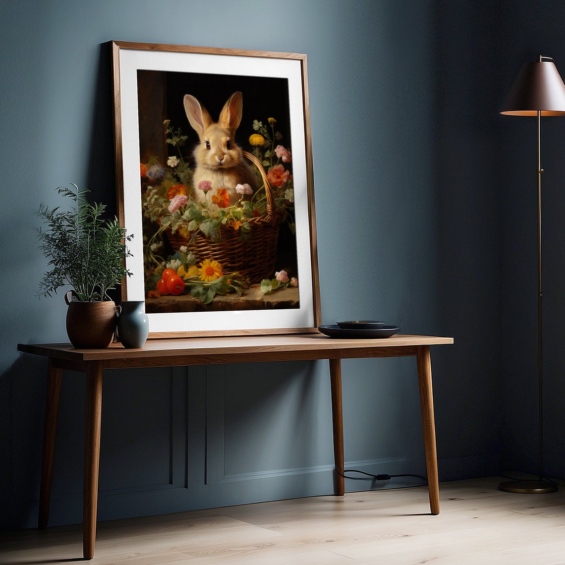 Golden Bunny In Flower Basket With Strawberries Vintage Art Poster - Image 4