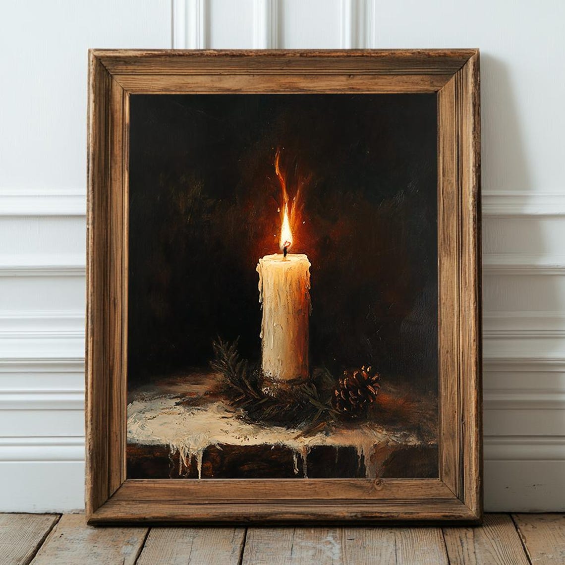 Glowing Vintage Candle Flame With Pinecone Dark Moody Christmas Poster - Image 2