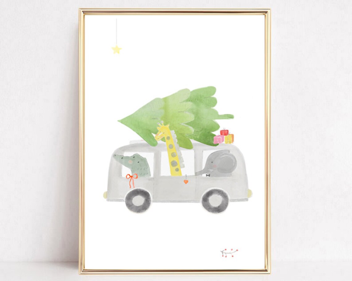 Christmas Animals Bus Tree Watercolor Kids Holiday Party Poster