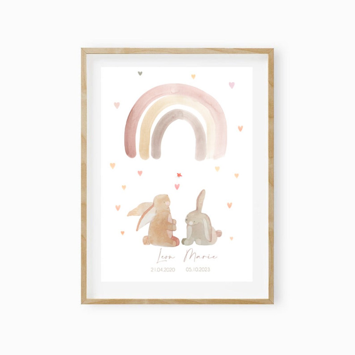 Sibling Bunnies Rainbow Hearts Personalized Kids Names Art Poster - Image 2