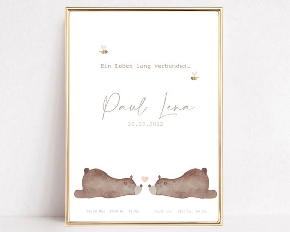Birth Announcement Twins Poster Sibling Poster Birth Gift Twins Baptism Gift Siblings Birth Gift Personalized