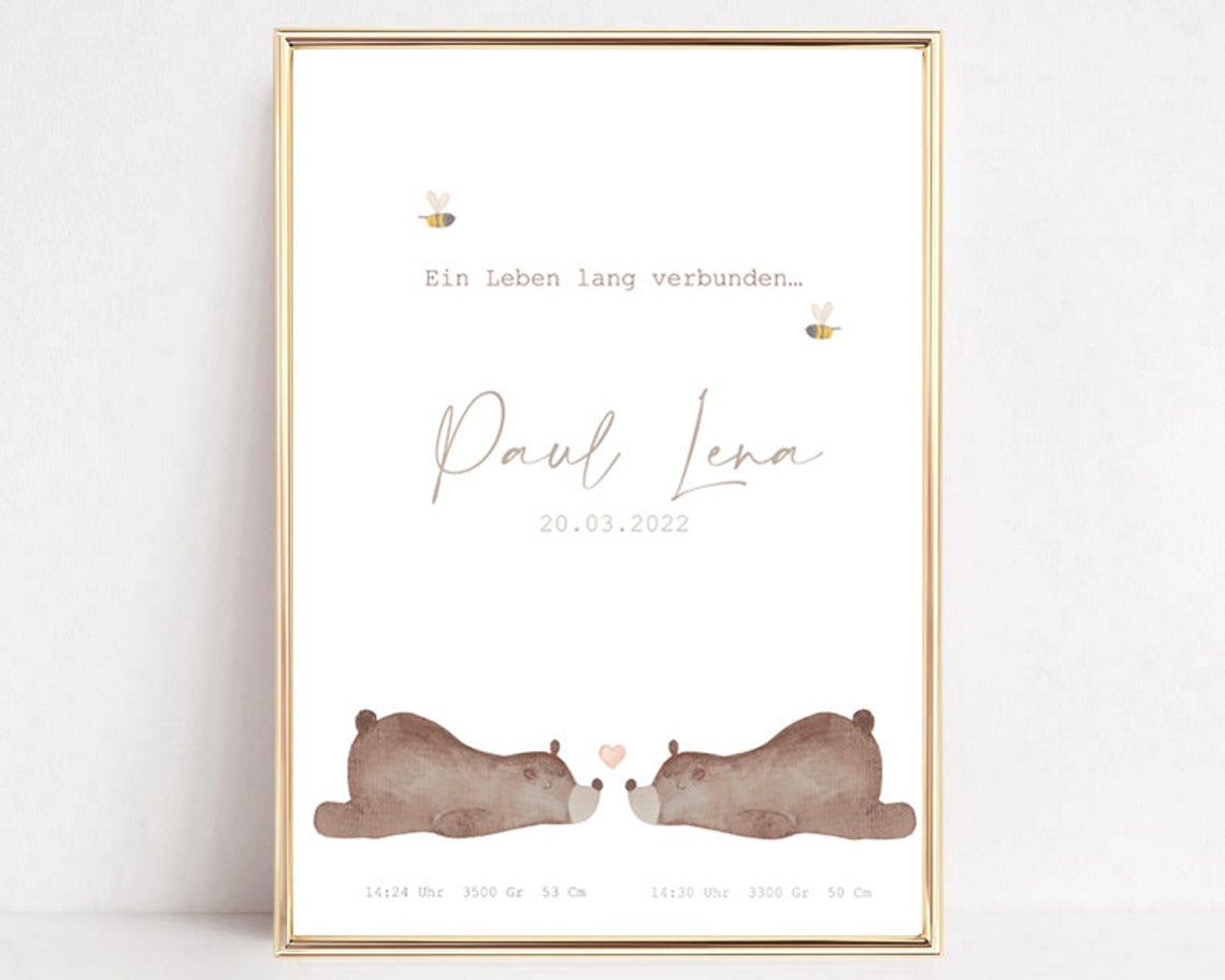 Birth Announcement Twins Poster Sibling Poster Birth Gift Twins Baptism Gift Siblings Birth Gift Personalized
