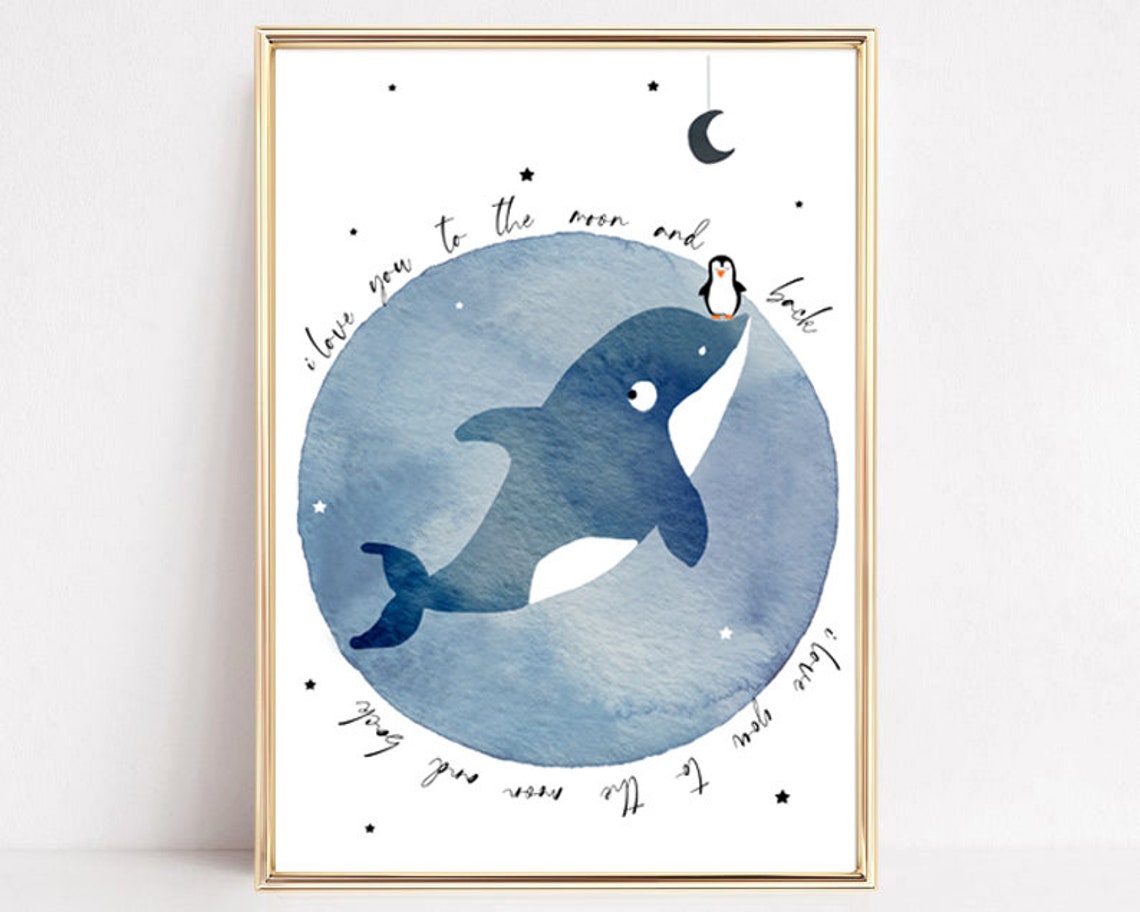 Whale And Penguin I Love You To The Moon And Back Nursery Poster