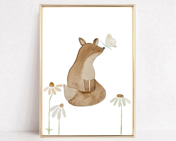Watercolor Fox Butterfly Daisies Cute Woodland Nursery Art Poster