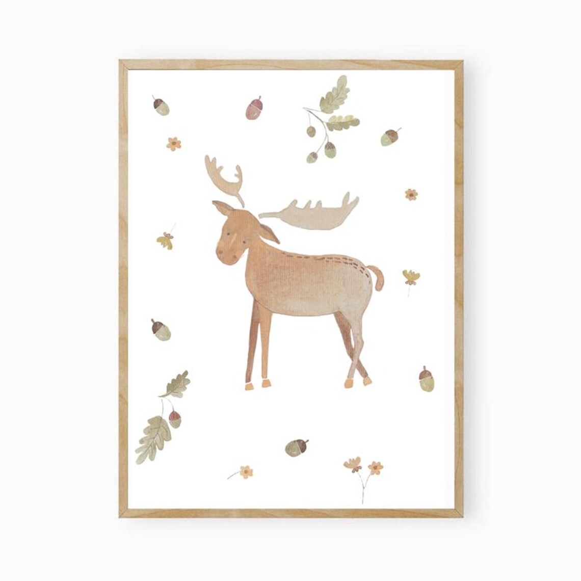 Watercolor Deer with Antlers Acorn Leaves Woodland Nursery Poster