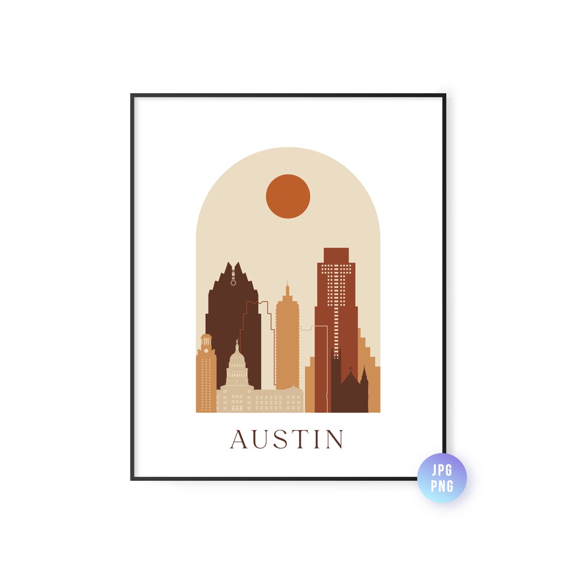 Austin Texas Boho Sun Skyline Arch Mid Century Modern Travel Poster
