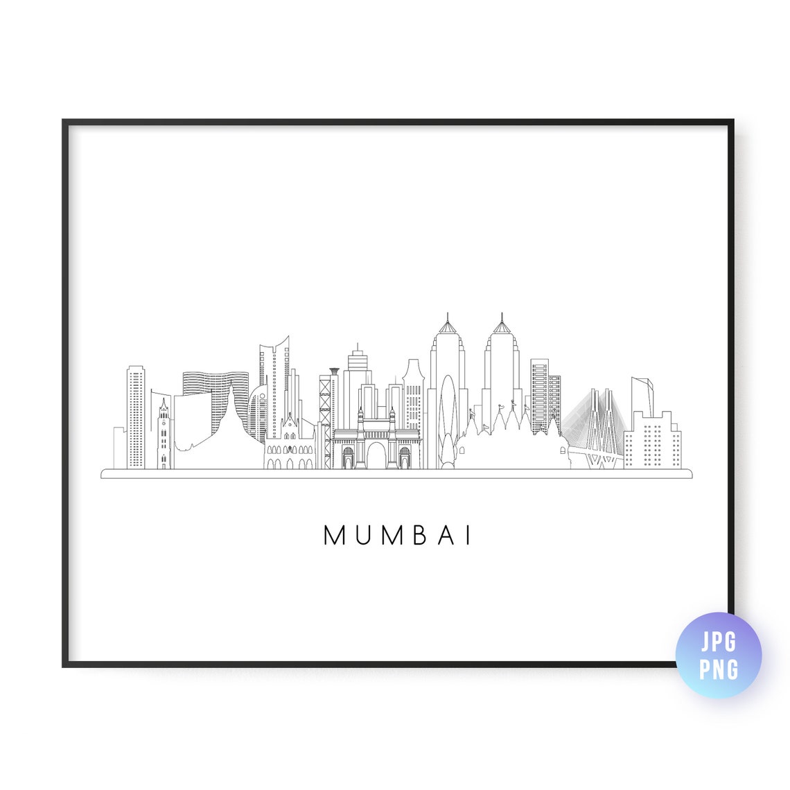 Mumbai Skyline Print City Line Art Instant Wall Jpg Png