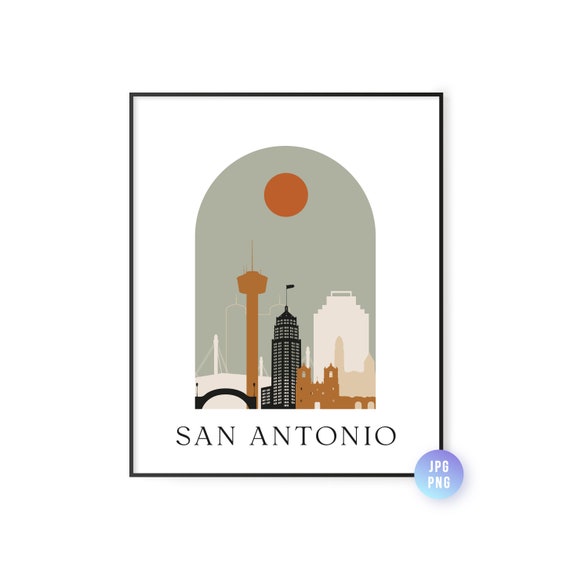 San Antonio Skyline Bohemian Print Boho Sun City Arc Mid Century Modern Decor Home Instant Jpg Png