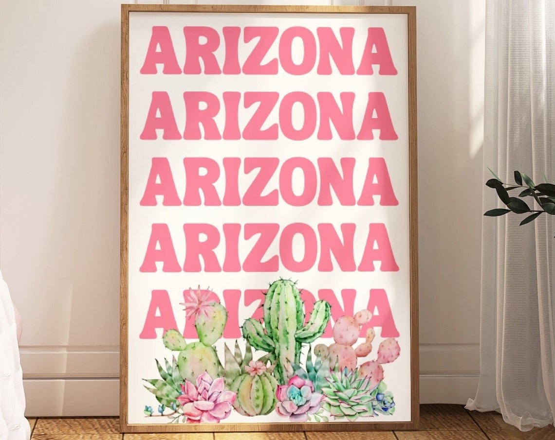 Arizona Pink Retro Typography Watercolor Cactus Succulents Poster