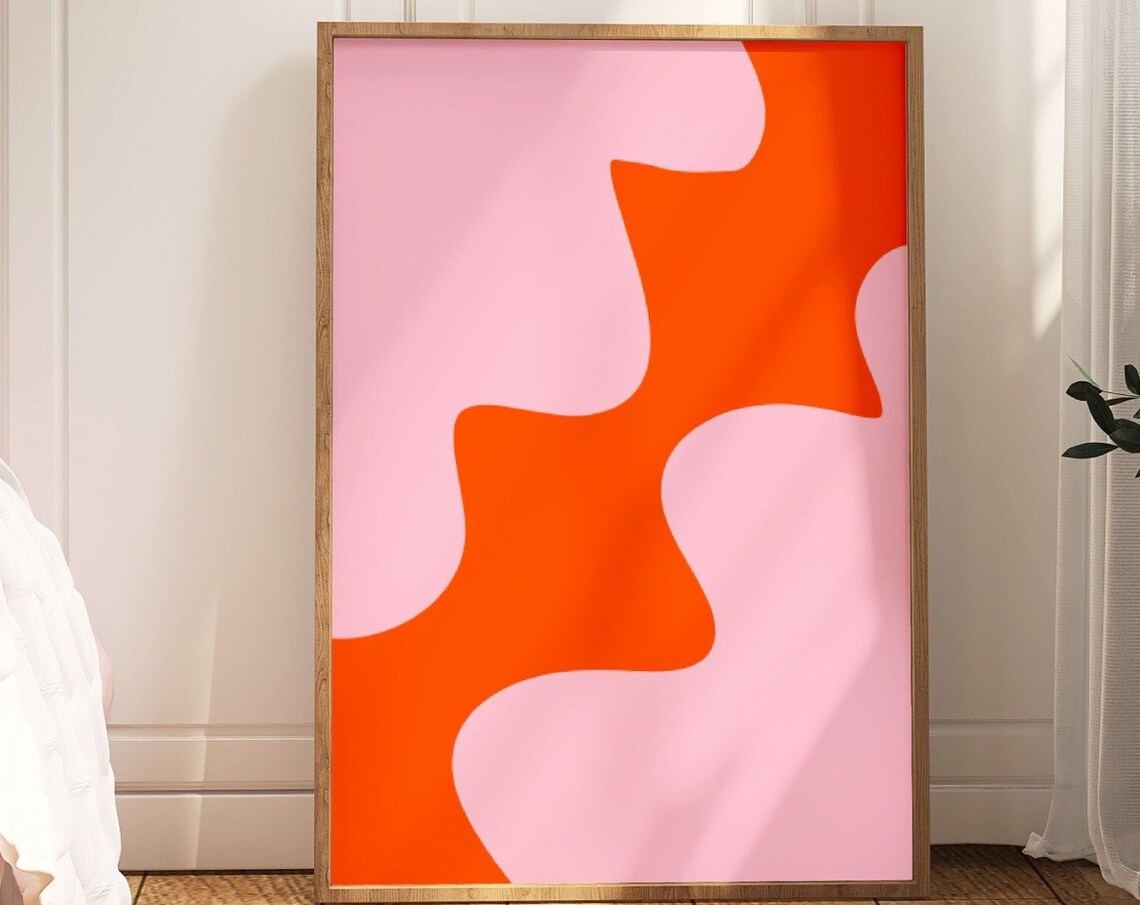 Pink Orange Abstract Print, Preppy 70s Retro Art