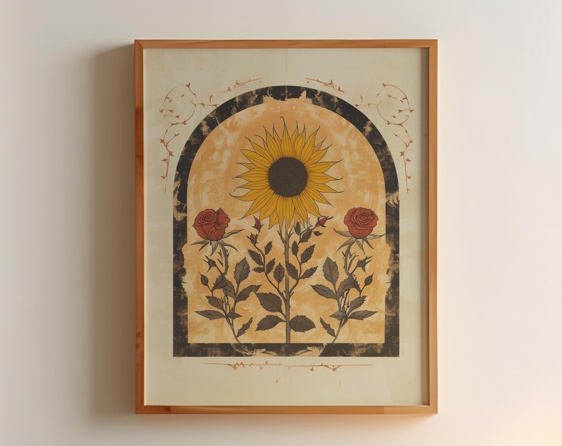 Sunflower and Roses Boho Folk Art Poster Print